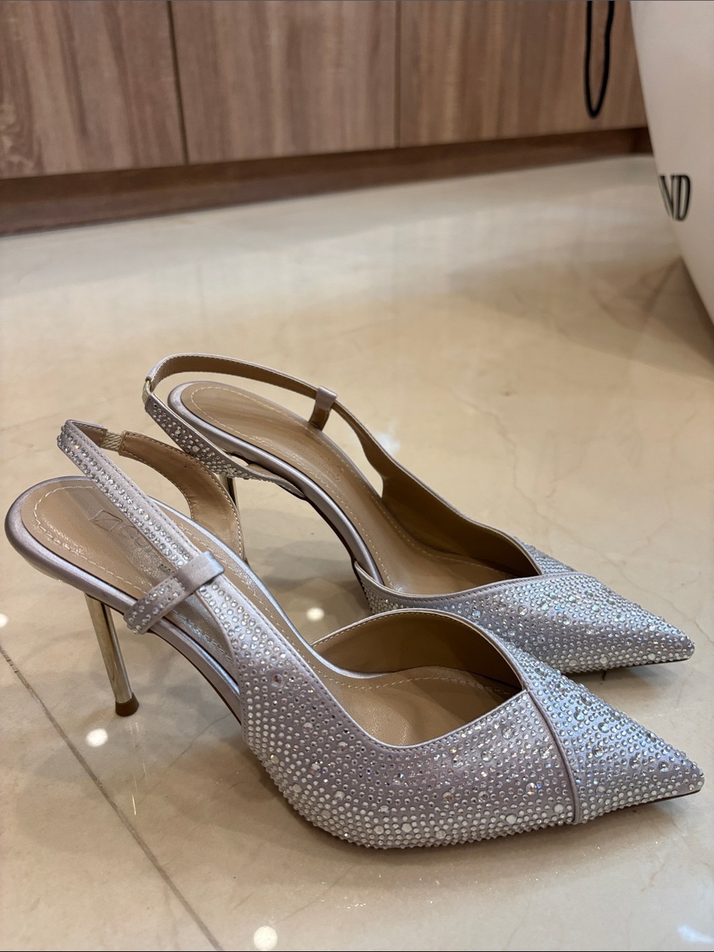 Crystal-Embellished Silver Slingback Heels